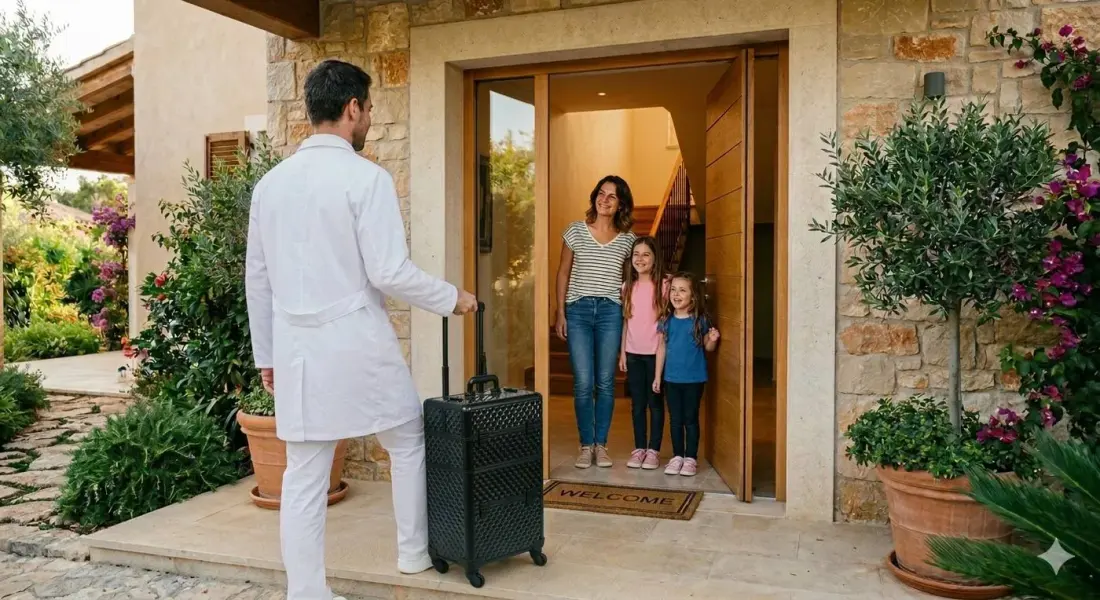 Illustration : un intervenant en blouse arrive avec sa mallette au domicile d’une famille